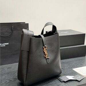 Yves Saint Laurent Black Leather Shoulder Tote with Gold YSL Logo